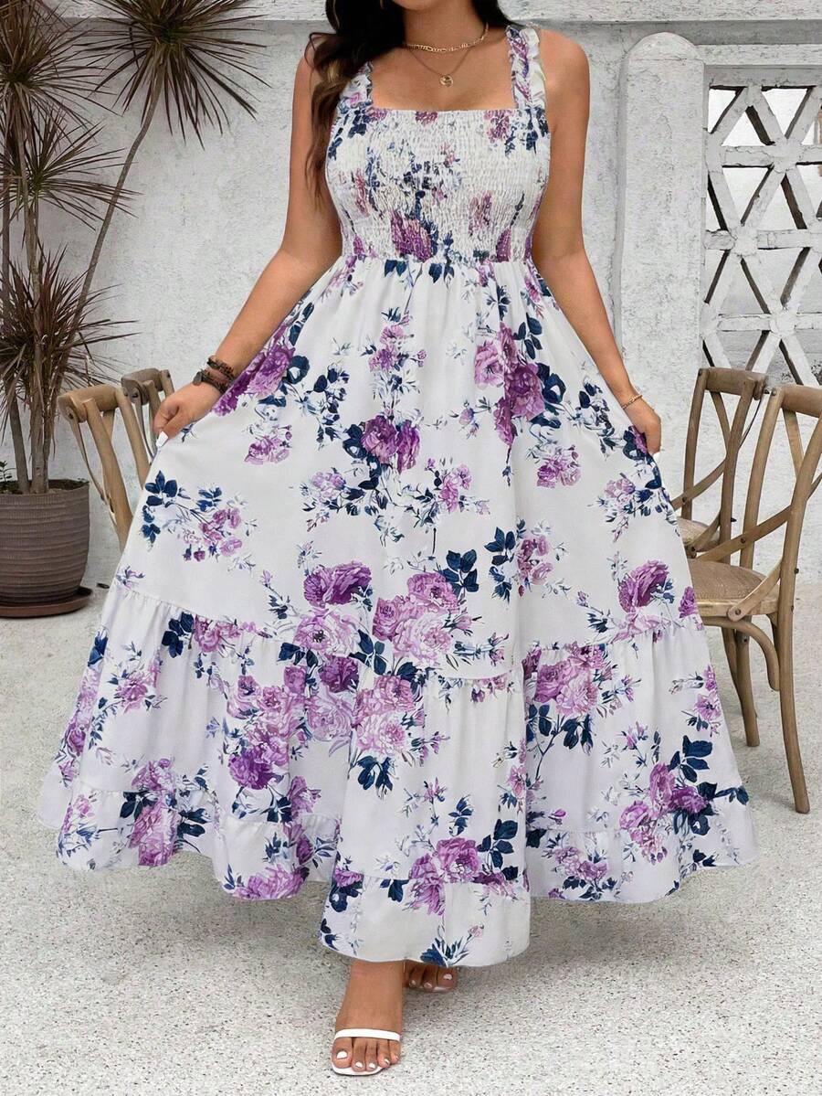 Ceyna Plus Size Women's White Floral Print Ruffle Hem Spaghetti Strap Adjustable Bust A-Line Maxi Dress,Summer Boho Holiday Tea Party Elegant Smocked Gown - Purple - View 1