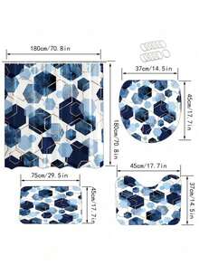 1/4pcs Blue Shower Curtain Set Modern Art Geometric Bathroom Set Navy Blue Bathroom Curtain Set With 12 Hooks Bathroom Rug Bathroom Mat And Toilet Rug - Multicolor - View 10