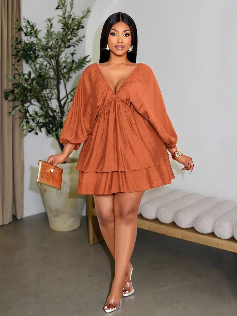 SOLERSUN Vestido casual de vacaciones para mujer de talla grande, unicolor con cuello en V, dobladillo de doble capa, vestido para festival de música, vestido de vacaciones, vestido de uso diario, vestido de Pascua, vestido mini naranja marrón, vacaciones en la playa, festival de música, vacaciones de lujo tranquilo, primavera y verano - Marrón - Ver 1