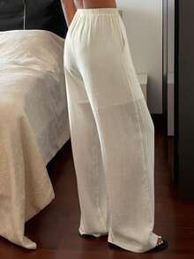 Livesso Women's Lace-Up White High Waist Pants, Summer - White - View 2