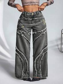 Jeanoix Plus Size Fashion Fringe & Belt Decor Denim Jeans, Suitable For Everyday Wear - Grey - View 9
