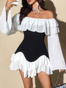 Elenzga 大码女式优雅浪漫性感黑白拼接飘逸雪纺露肩荷叶边下摆弹力修身长袖喇叭袖迷你连衣裙，春秋季 - 黑與白 - 查看 3