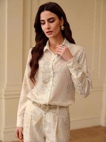 ZEYLAH 亚麻混纺长袖印花衬衫，春夏款 - 杏色 - 查看 6