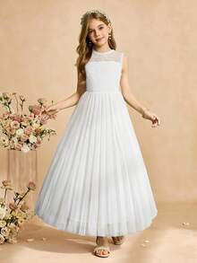 Đầm ren chiffon thanh lịch cho bé gái tuổi teen, màu trắng trơn, xếp ly, không tay, có khóa kéo, thích hợp cho lễ tốt nghiệp, đám cưới, mùa xuân và mùa hè. - trắng - Xem 3