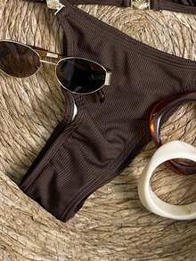 Oceva Conjunto de traje de baño de 3 piezas con tela texturizada y decoración metálica básica, adecuado para fiestas en la playa y vacaciones - Marrón - Ver 9