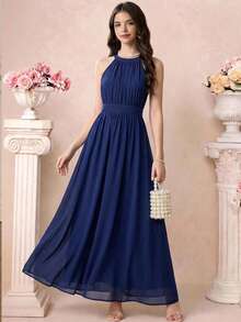 Pitira 藏蓝色无袖雪纺修身连衣裙，优雅时尚，适合派对、婚礼、正式活动、舞会、节日、春假等场合——少女派对服饰 - 寶藍色 - 查看 4