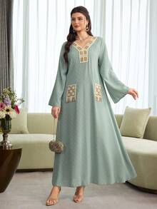 Yasmyna Women's Spring/Summer Green Woven Jacquard Long Sleeve V-Neck Crochet Lace Trim Tassel Pocket Elegant Casual Romantic Turkish Abaya & Arabic Traditional Maxi Dress - Green - View 6