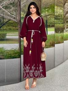 Yasmyna New V-Neck Embroidered Relaxed Comfortable Beach Dress - Burgundy - View 3