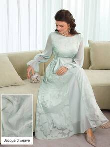 Yasmyna Đầm xòe cổ tròn bằng vải chiffon jacquard phối nhiều mảnh, thắt eo, thanh lịch và tươi tắn. - màu xanh lá - Xem 5