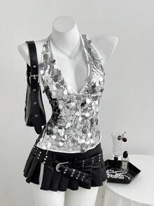 Elamini Áo dự tiệc gợi cảm, quyến rũ dành cho nữ, cổ yếm, cổ chữ V sâu, hở lưng, buộc dây. - Bạc - Xem 6