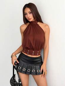 valorelle valorelle Áo kiểu nữ gợi cảm phong cách đường phố punk rock, màu trơn, có khoen kim loại, vạt rộng, hở lưng, buộc dây cổ, thích hợp cho mùa hè. - màu nâu - Xem 5