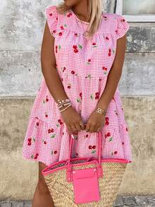 Breezaya Plus Size Elegant Floral & Cherry Print Round Neck Cap Sleeve A-Line Dress, Slimming Multi-Layer Patchwork Cake Skirt Design, Suitable For Daily Commute, Outing, Party, Vacation - Multicolor - View 5