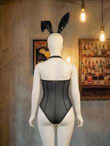 网纱拼接PU系带露背连体衣兔女郎COS两件套 - 黑色 - 查看 8