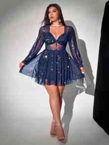 Viva Relle Đầm ngắn dáng chữ A tay dài cổ chữ V gợi cảm dành cho nữ cỡ lớn, thích hợp dự tiệc. - Màu xanh hải quân - Xem 5