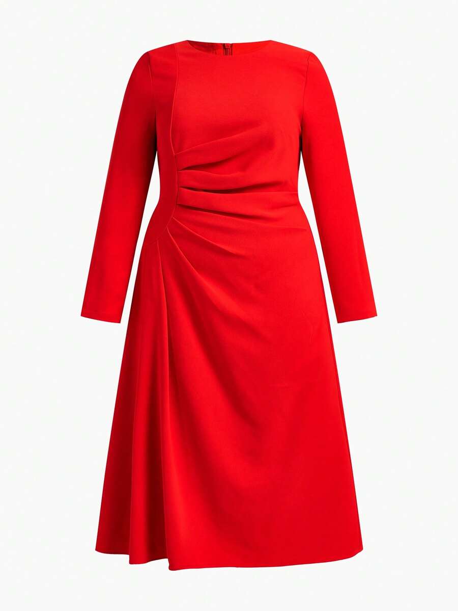 ZEYLAH PLUS SIZE WOMEN'S SPRING/SUMMER LONG SLEEVE RUCHED RED PARTY DRESS - Red - View 1