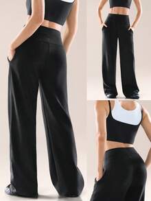 GLOWMODE SoftSerene 莫代尔面料，柔滑丝滑，透气舒适，宽松版型，高腰设计，侧边口袋，高腰阔腿休闲裤，日常休闲穿着 - 黑色 - 查看 7