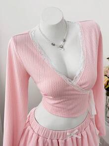 Sweetra Plus Size Textured Fabric Fitted Lace Patchwork Long Sleeve T-Shirt And Midi Skirt 2-Piece Set - Pink - View 3