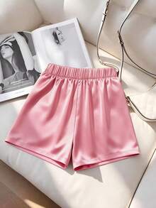 Franclia Casual Pink Plus Size Straight Leg Mini Shorts With Satin Finish And Zipper - Pink - View 2