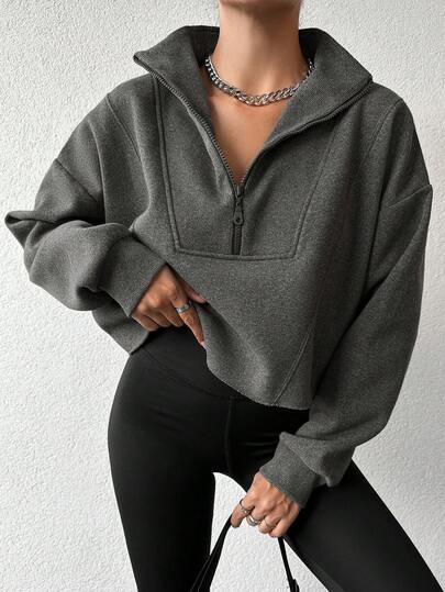 EURMUSE Women's Solid Color Half Zipper Drop Shoulder Cropped Sweatshirt