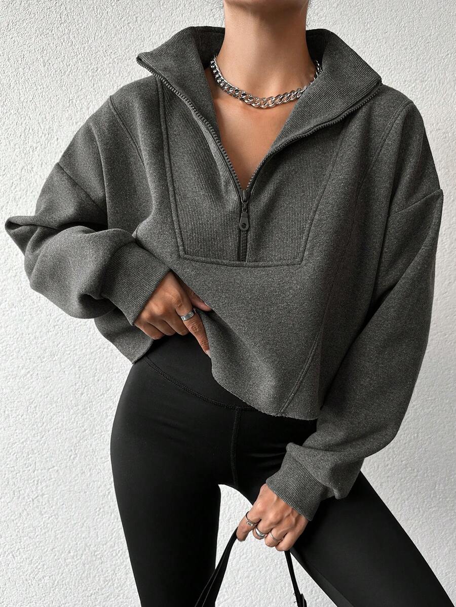 EURMUSE Sudadera Corta Con Hombros Caídos Y Media Cremallera De Color Sólido Para Mujeres - Verde militar - Ver 1