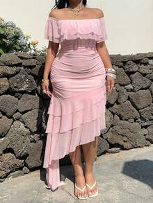 Sunnyshic Đầm cỡ lớn trễ vai xếp ly, vạt bất đối xứng thanh lịch, chất liệu lưới, dáng suông, phong cách vintage dễ thương, thích hợp cho kỳ nghỉ, đám cưới, tiệc tùng, màu hồng. - Hồng - Xem 6