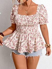 Breezaya Plus Size Women Hibiscus Print Ruffle Trim Casual Blouse - Multicolor - View 4