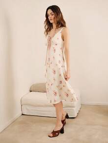 lacRébo Floral Print Satin Midi Dress With Contrast Green Lace Trim Spring Summer Vintage Vacation French Style Parisian Style - White - View 4
