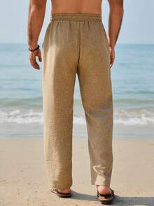 VENTUSAIL Quần dài nam dáng suông, cạp chun, màu trơn, túi xéo, đa năng cho kỳ nghỉ, đi làm hàng ngày, quần đi biển, quần vải lanh nam, quần boho, quần mùa hè. - Màu Khaki - Xem 2