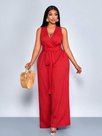 SOLERSUN Plus-Size Women's Spring/Summer Fashion Solid Color Crossover V-Neck Tie-Up Slim Loose Casual Sleeveless Long Wide-Leg Jumpsuit, Woven Textured Fabric, Shopping Date Long Jumpsuit, Loose Casual Trousers, St. Patrick's Day, Easter, Music Festival, Four-Leaf Clover, Street Style, Beach Vacation, Picnic, Daily Commuting Fashionable And Versatile Set, Western Style, Bohemian Style, Modest, Dignified And Ethereal.