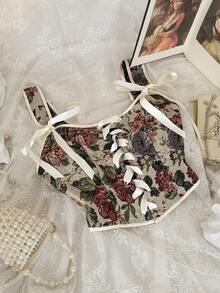 Lyrianda New Arrival French Rose Print Front Tie Bustier, Spaghetti Strap Crop Top, Waist Tie Camisole, Casual Versatile Bowknot Cropped Tank Top For Summer - Multicolor - View 6