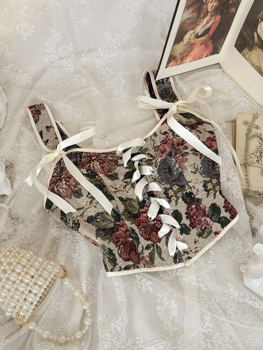 Lyrianda 新款法式玫瑰印花系带抹胸上衣，吊带露脐上衣，腰部系带吊带背心，休闲百搭蝴蝶结露脐背心，夏季必备 - 彩色 - 查看 1