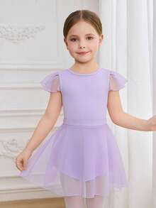 Young Girl Elegant & Cute Flutter Sleeve Professional Ballet Dance Leotard Training Outfit With Skirt, Activewear - Mauve Purple - View 3