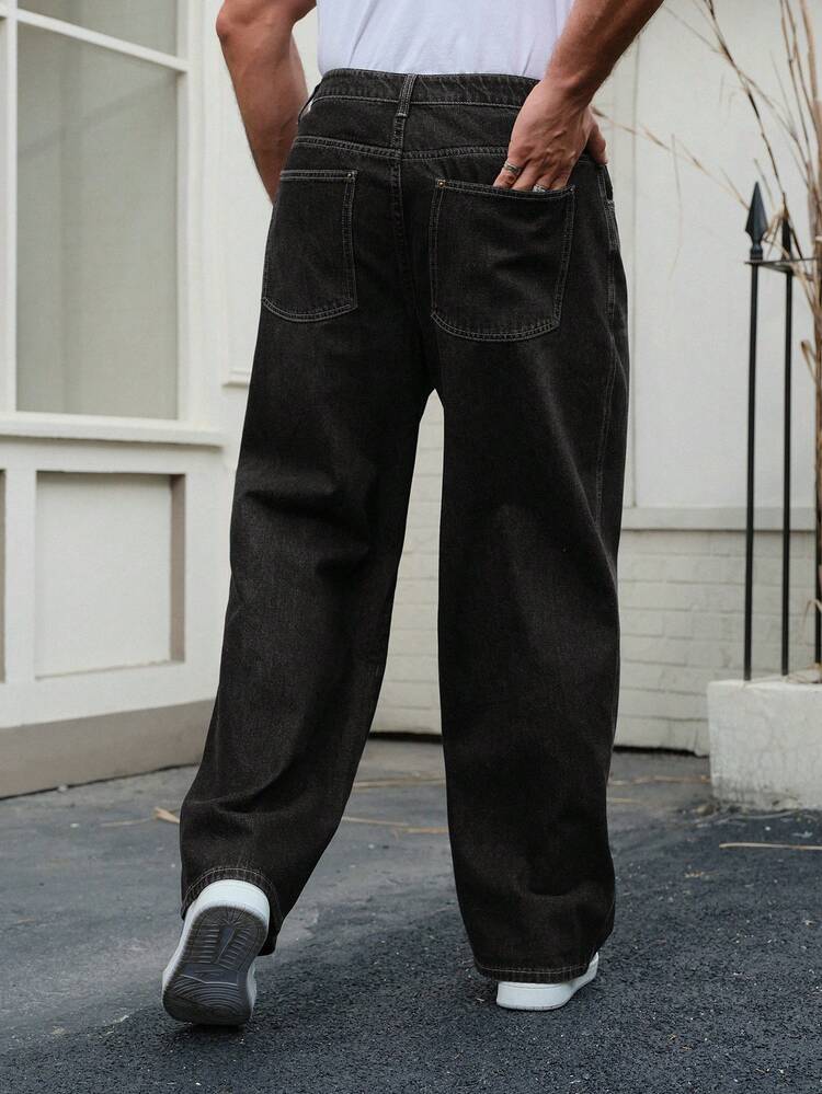 Men's Autumn Navy Blue Raw Denim Wide Leg Jeans With Patch Design