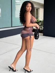 Alexandranx Women's Retro Ombre Print Mesh Metal Decor Layered Ruffle Plunging Neck Jumpsuit, Sexy Slimming Fashion For Party, Date, Valentine's Day, Carnival, Easter, Western, Cruise, Holiday, Beach, Music Festival, Boho Vacation, Suitable For All Seasons Brown Romper Women Bodysuits For Women Romper Beach Club Outfit Havana Nights Outfit Beach Dinner Outfit Sexy Vacation Outfits - Coffee Brown - View 3