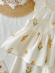 SHEIN Conjunto informal de 2 piezas para niña bebé con top con volantes y estampado floral y pantalones, para verano - Amarillo - Ver 5