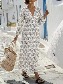 SHEIN Holidaya Đầm nữ mùa hè cổ chữ V sâu (viền không đều) - Đen và trắng - Xem 1