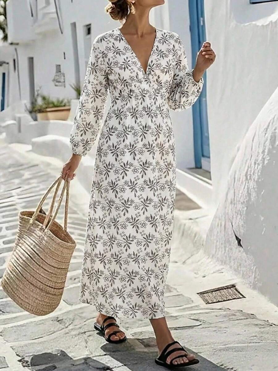 SHEIN Holidaya Đầm nữ mùa hè cổ chữ V sâu (viền không đều) - Đen và trắng - Xem 1