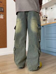 STEELVANCE Quần jeans cargo ống đứng rộng rãi, kiểu dáng vintage, nhiều túi, thời trang đường phố. - Màu xanh bụi bặm - Xem 2