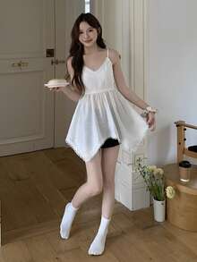 DAZY 女士蕾丝拼接不对称下摆吊带睡衣上衣，夏季 - 白色 - 查看 7