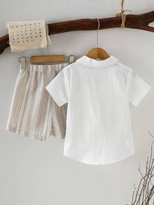 SHEIN Genkimix Kids Spring/Summer New Casual Minimalist Vacation Collared Shirt & Matching Striped Shorts Set For Toddler Boys - Brown - View 2