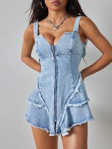 SHEIN ICON 大码女式拉链前开流苏吊带性感连衣裙 - 藍色 - 查看 4
