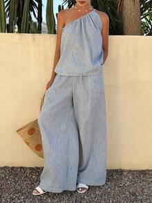 Livesso Spring & Summer Fashion Blue Asymmetrical Shoulder Crop Top & Straight Leg Casual Pants 2-Piece Set, Elegant For Business, Leisure, Home, Vacation - Dusty Blue - View 5