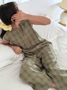 DAZY Conjunto de chaleco sin mangas de cuello redondo a cuadros y pantalones para niñas preadolescentes, para otoño - Verde - Ver 4