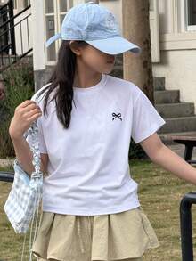 DAZY Camiseta de manga corta casual con cuello redondo y bordado de lazo para niñas preadolescentes - Blanco - Ver 5