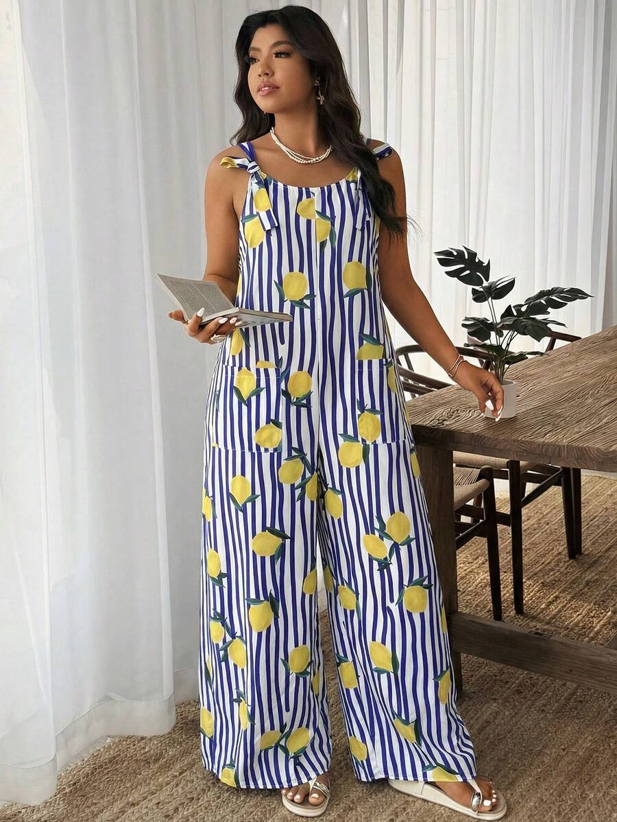 Weeklong 女士可调节系带条纹柠檬印花连体裤，休闲度假装 - 彩色 - 查看 1