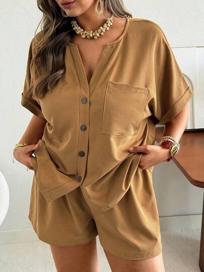 Ceyna Plus Size Women Loose V-Neck Rolled Hem Vintage Button Textured Fabric Solid Color Casual 2-Piece Set