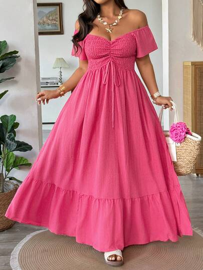 Vionelle Plus Size Women's Spring/Summer New Elegant Pink Textured Off-Shoulder Short Sleeve Pleated Bust A-Line Long Dress With Slit