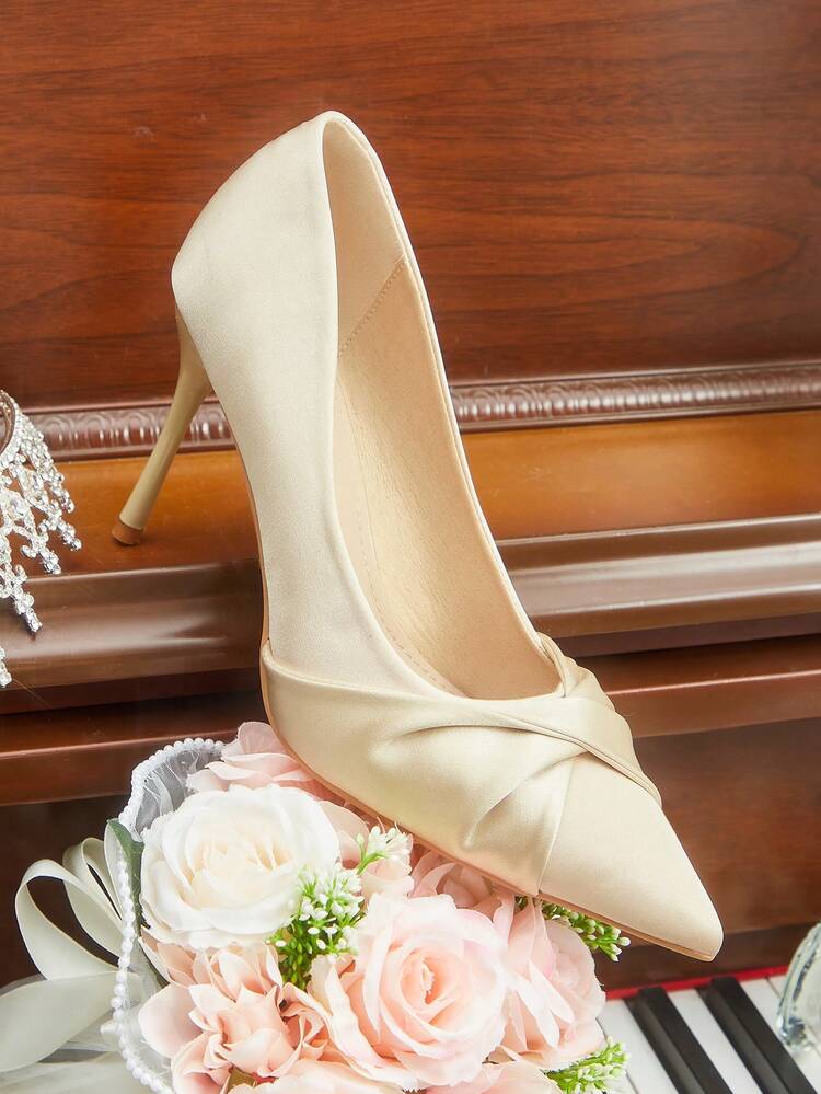 CUCCOO HITCHD Women's Fashionable Elegant Faux Pearl White Satin Pointed Toe High Heel Pumps, Suitable For Banquet, Wedding, Commute, Date, Christmas Party Valentine's Day Elegant Shoes