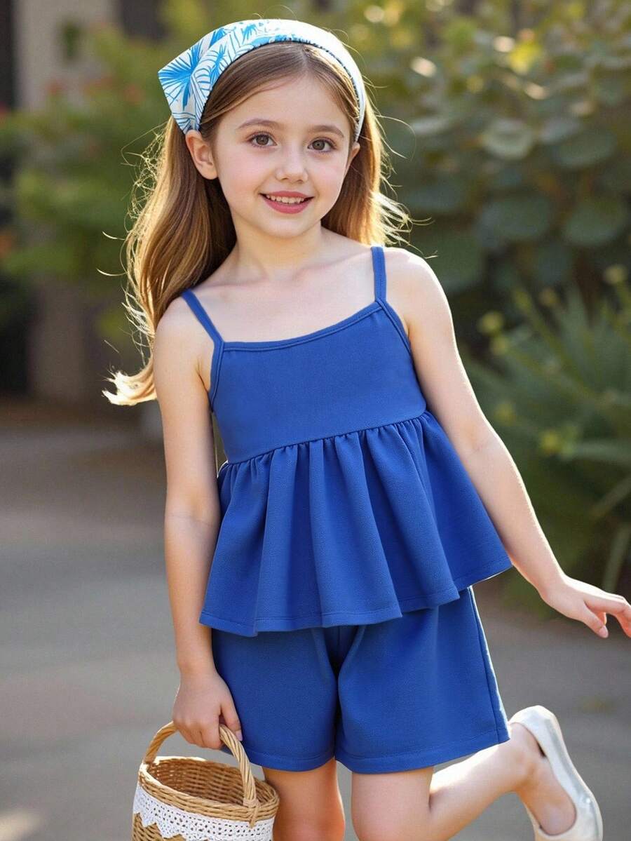 SHEIN Vintaside Kids 女童蓝色吊带背心和短裤套装,轻便舒适的夏季外出服 - 藍色 - 查看 1