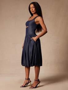 NYA SZN Elegant Navy Blue Denim Midi Dress For Women,Sleeveless Straps Cut Out Bubble Hem Sundress,Chambray Outfits For Autumn Dinner Date, Beach Party - Dark Wash - View 3